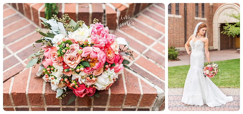 Two images, the left images is a wedding bouquet with magenta, light pink, and white flowers, pink flower buds, and green leaves, resting on brick stairs, in the right image, a bride with red hair looks over her left shoulder, pointing her bouquet of pink and white flowers toward the ground, her right hand rests on her hip, her dress is white with white lace and is a strapless mermaid-style dress