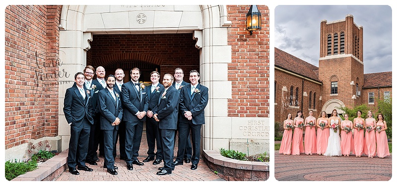 Two images, in the left image A groom and nine groomsmen stand together in front of a white archway surrounded by brick walls, they hold their hands left over right and are all looking at the camera and smiling, in the right image, a bride and eight bridesmaids stand in a line in front of a brick church, the bridesmaids wear pink dresses and they're all holding bouquets at the waist, looking at the camera and smiling