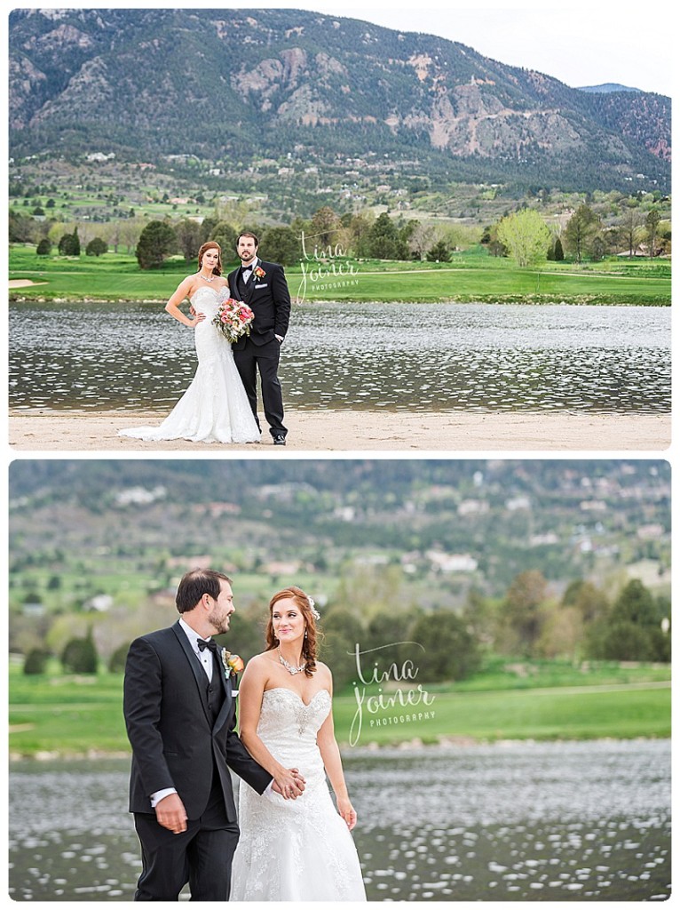 Two images, the top image has a bride and groom standing next to each other facing the camera, they stand on sand in front of a body of water, a golf course, and a mountain, in the bottom image, the bride and groom are walking and holding hands, looking at each other and smiling, the backdrop is a mountain and a body of water