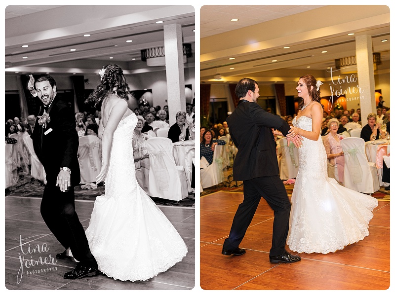 two images, the left image is in black and white, a bride and groom are dancing with their backs to each other, the groom's face is looking toward the camera and he's smiling while the bride's face is turned away from the camera, the right image is in color, the bride and groom are dancing and smiling at their wedding reception at Cheyenne Mountain Resort