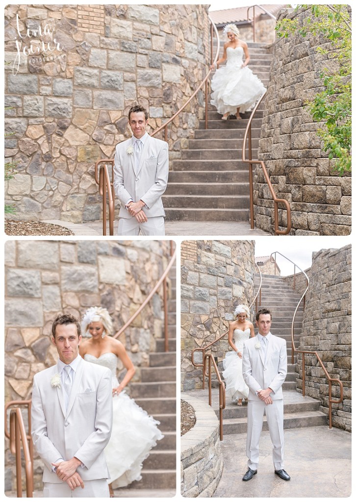In this series of images, the bride is walking down a stone staircase to have her first look with groom, she walks up from behind