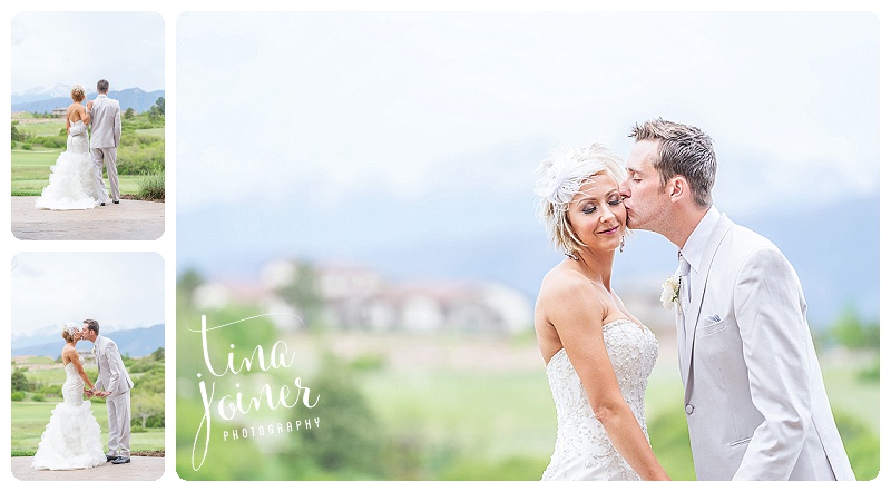 In this series of photos, we see the bride and groom standing and looking towards the mountains, we see the groom kissing the bride on the cheek while her eyes are closed and smiling nicely, in the third photo, they are facing each other and holding hands and kissing