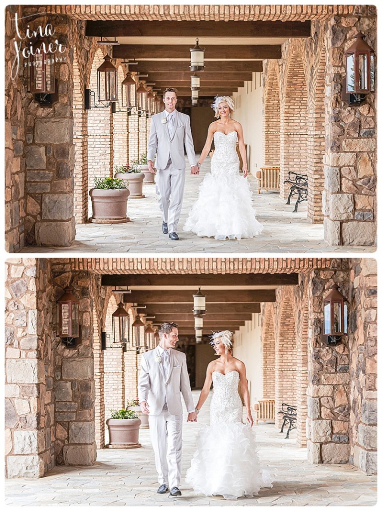 The bride and groom are walking together holding hands, in one photo they are looking and smiling at the camera, in the second image, they are looking at each other