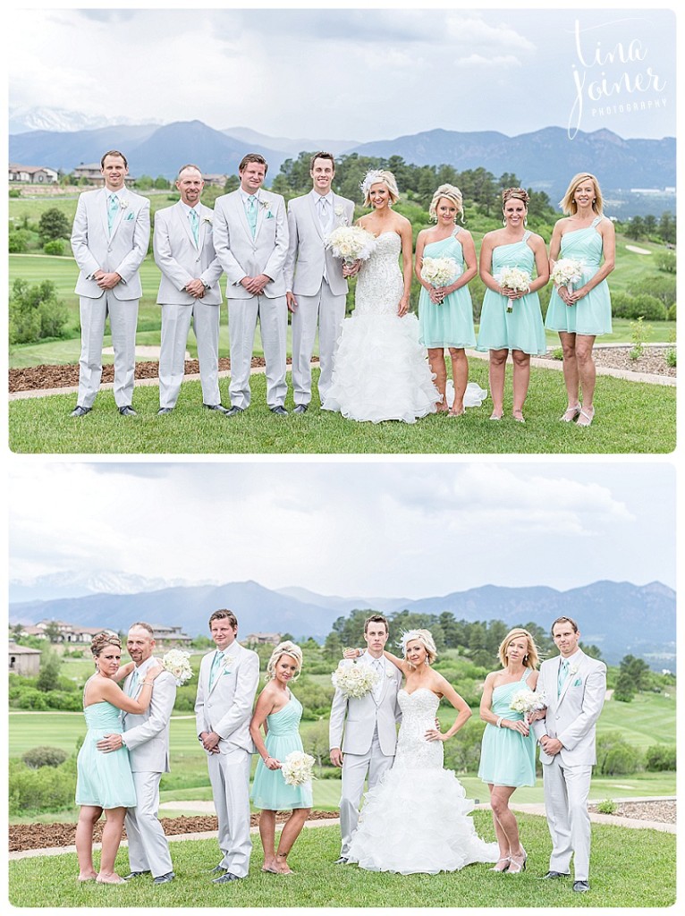 Bridal party photos at the club at flying horse with colors of white and teal