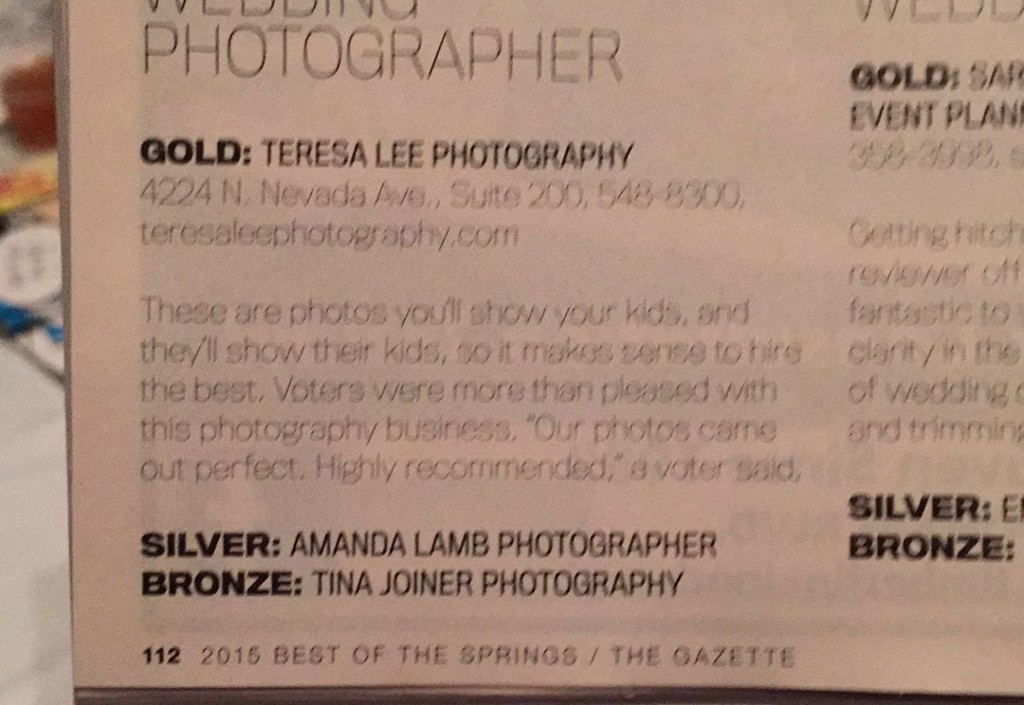Best of the Springs by Colorado Springs Gazette winners for wedding photographer, Tina Joiner Photography wins Bronze
