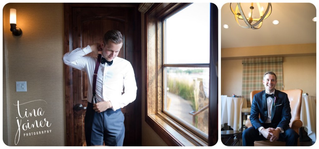 Groom prepares for wedding day, puts on suspenders and shoes