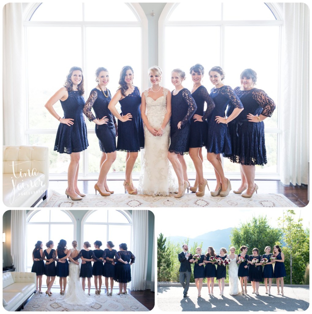 Bride and her bridesmaids at The Pinery at the Hill, wearing navy blue, different styles