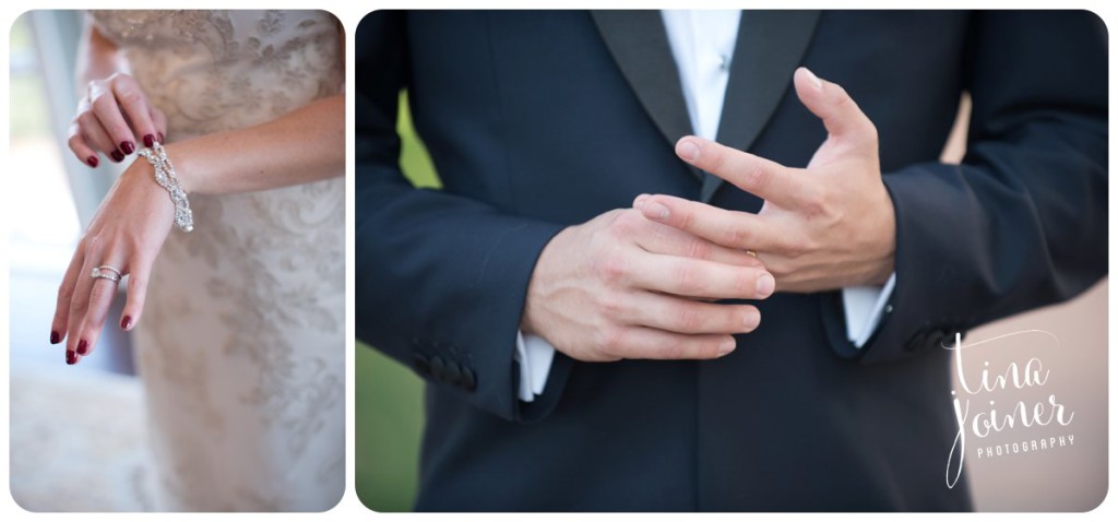 In one image, bride touches her diamond and pearl bracelet, in a second image, the groom is adjusting his wedding band