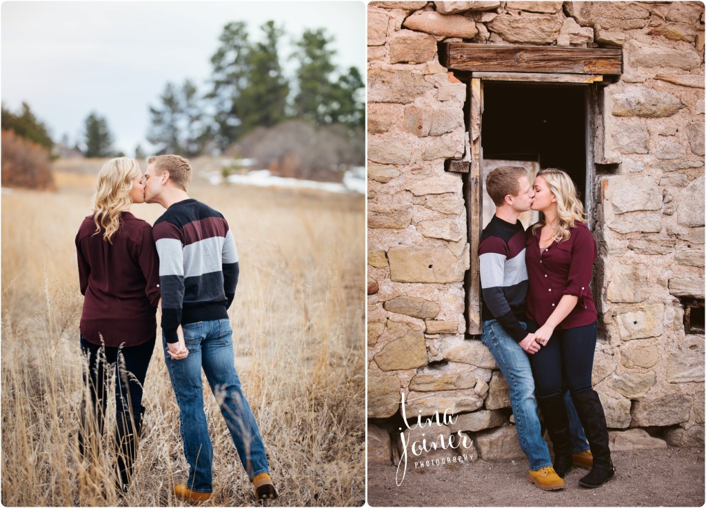 two images, in the left image, you are looking at the backs of the couple, they are holding hands, leaning in kissing each other, they stand in a yellow and brown field of long grass, there is some snow and evergreens in the background, in the right image, the couple sits in a wood-framed window in a stone wall, they hold hands and kiss