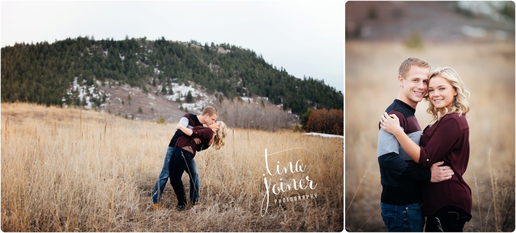 two images, in the left image A man kisses and dips his fiance in a field, behind them is a hill covered in evergreens and snow, in the right image a couple cuddles and smiles at the camera, temples together, the shot is from the waist up