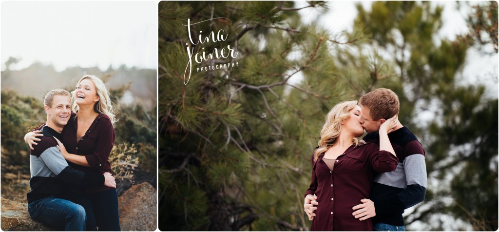 In the left image Brendan and Amber sit together on a rock, Amber sits in Brendan's lap, he looks at the camera and she looks up laughing, he wears a wide-striped sweater and she wears a scarlet long-sleeved button-up shirt, in the right image, the a couple kisses passionately in front of an evergreen tree background, their right hands are clasped and her left hand rests on his neck 