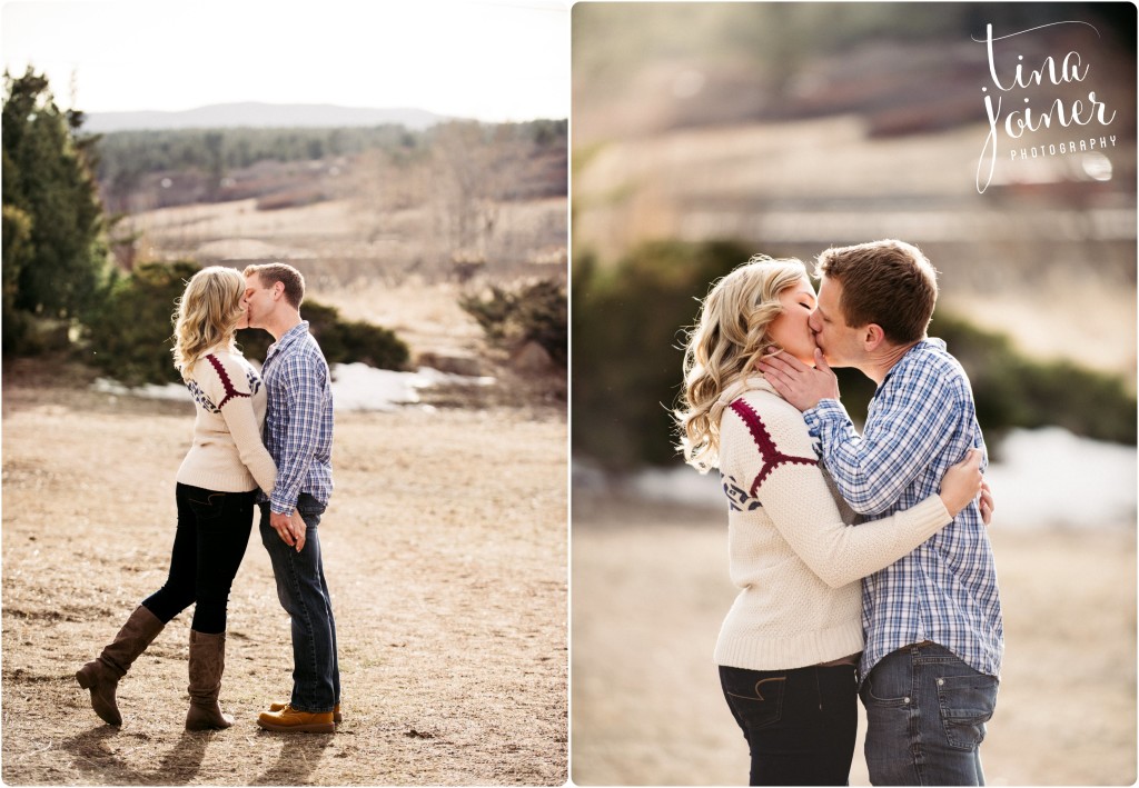 A girl with blonde hair and a boy with light brown hair at Columbine Open Space kiss while facing each other and holding hands, the girl wears a cream sweater and the boy wears a blue checkered shirt, in the second image the man touches the woman's cheek while they passionately kiss