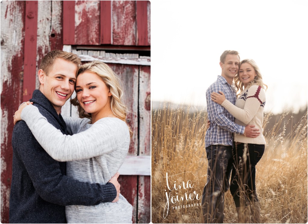 A series of 2 photos, in the first one Brendan and Amber are embracing and standing in front of a red rustic barn, image is from waist up, they are both looking and smiling at the camera, In the second image, they are standing in a field hugging each other smiling at the camera