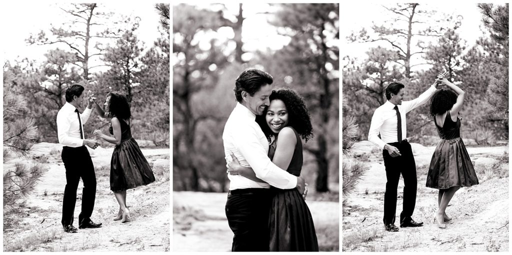 In this set of 3 black and white images, Samuel and Pam are laughing and dancing at Palmer park, in the center photo they are embracing and smiling