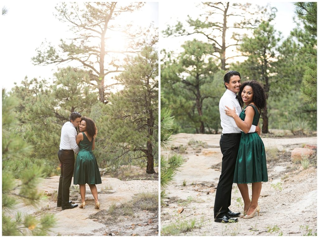This is a set of 2 images, in the first one Samuel and Pam are walking away from the camera, Pam is looking back and Samuel is kissing her cheek, they are in the forest area of Palmer Park, in the 2nd image, they are standing face to face and embracing, they are looking at the camera and smiling