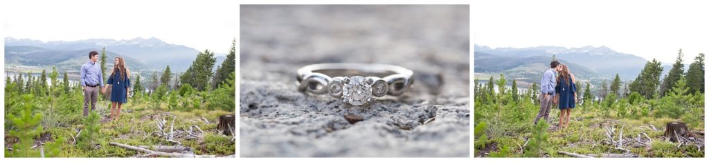 In this set of three images, two images are of Stephanie and Tate standing and holding hands in a field where the trees have died or been burned, they are looking at each other smiling in one photograph and they are kissing in the other, the third photograph is a detail photo of her engagement ring which is a solitare diamond with a white gold band
