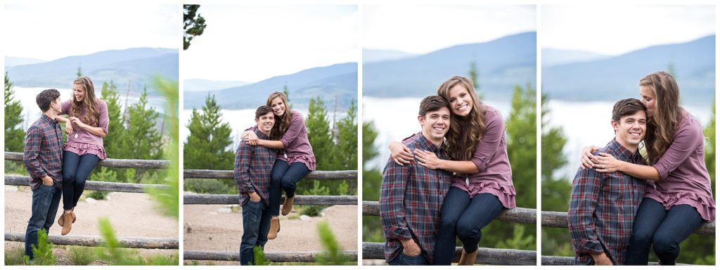 Stephanie sits on a rustic fence while Tate chats with her, she also hugs him and kisses his head in this collage of images, in the background there is a lake and mountains