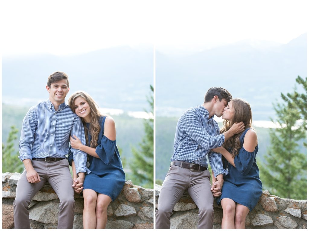 Stephanie and Tate sit at the overlook at Sapphire Point and they are holding hands and smiling in one image, in the other they are kissing, his hand is touching her hair, it is romantic