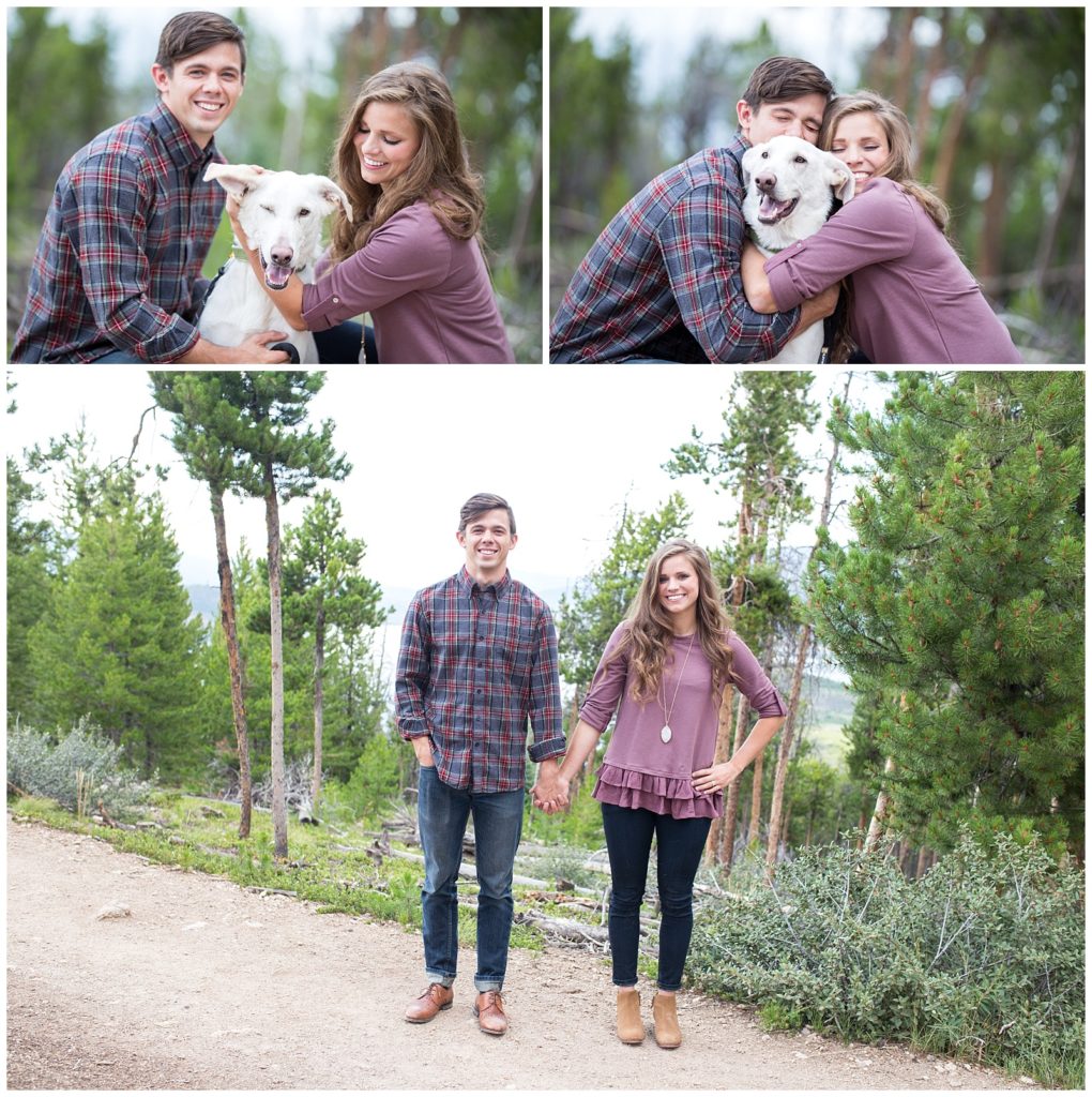 In this set of images, Tate and Stephanie cuddle their dog and smile candidly, in one image, they stand holding hands and facing the camera