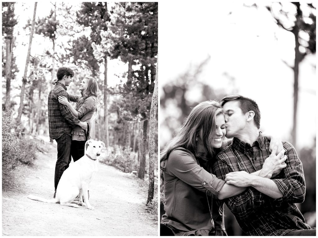 In this set of two images, Tate and Stephanie look at each other and smile while their dog sits nicely in the foreground, in the other image, Stephanie has her arms around Tates shoulders and he is leaning over and kissing her temple, she has her eyes closed and is smiling.
