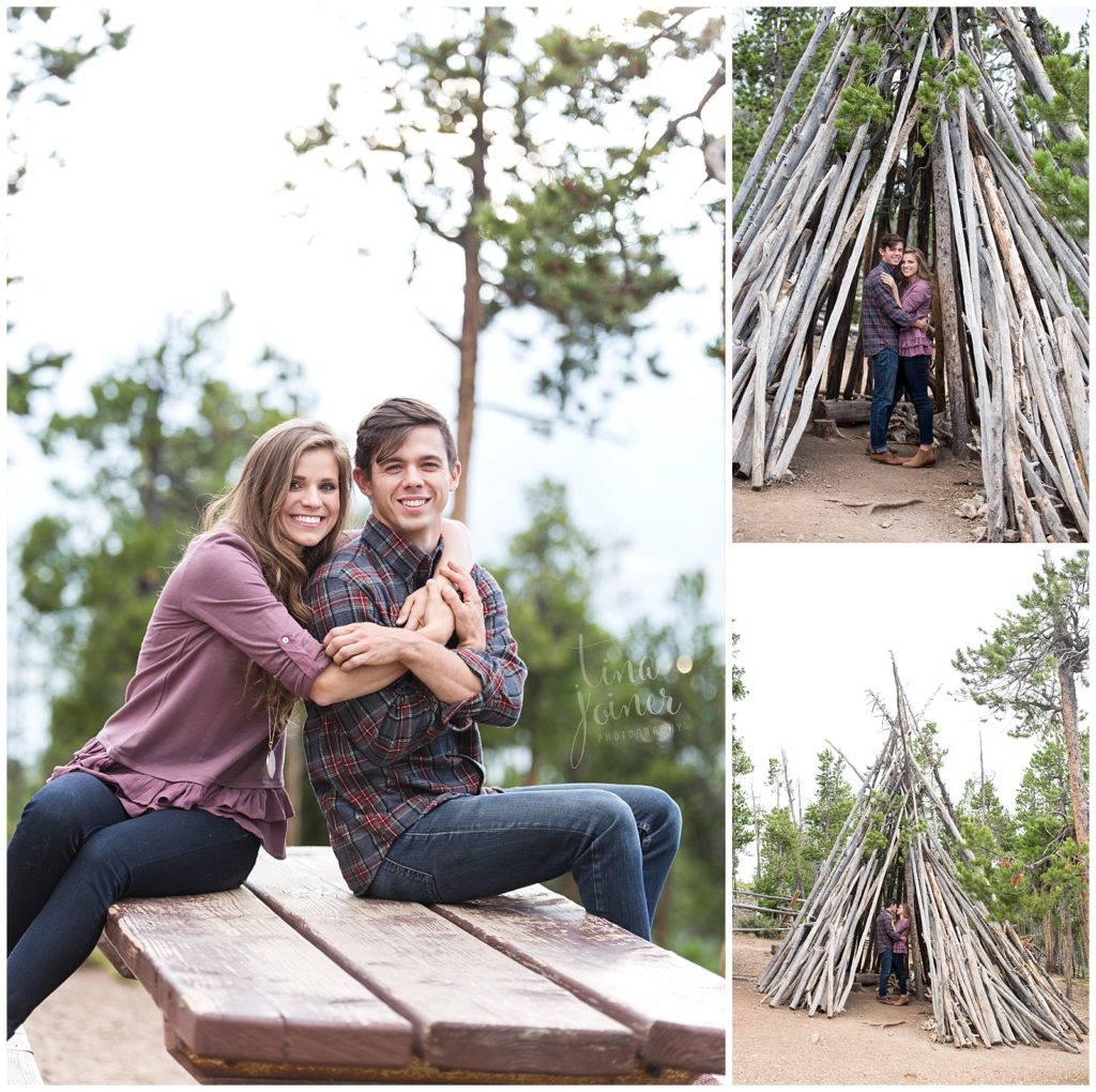 Stephanie and Tate sit on a Picnic table embracing, in another image they are standing under a tee pee made of tree trunks and snuggling and kissing at Sapphire Point