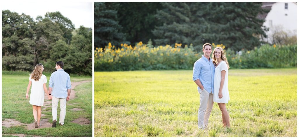 In this set of 2 images, Conner and Megan are in a field, one image shows them walking away looking at each other and smiling while holding hands, the other image shows the couple looking and smiling at the camera with a sunflower field behind them.  