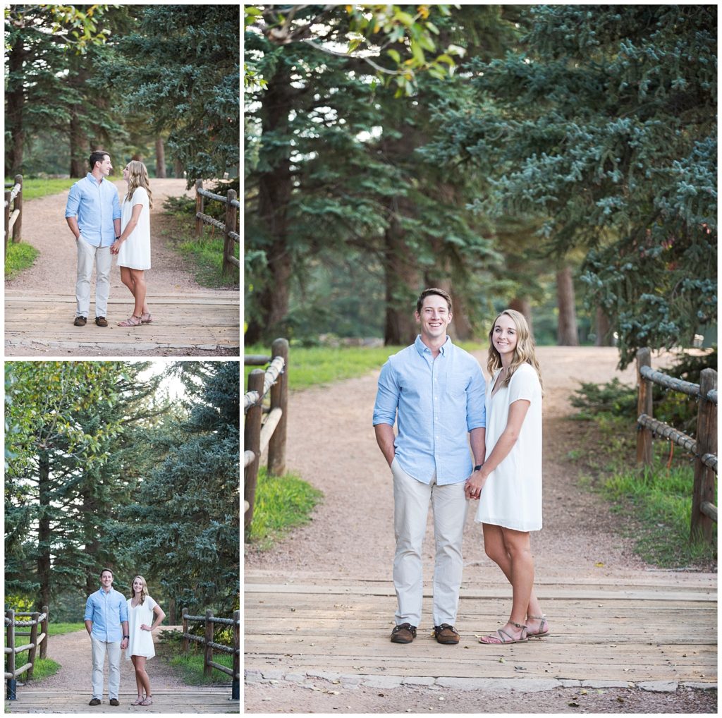 This is a collage of images, the couple is standing on a bridge with large green trees behind them, in one image the couple are looking at each other, in the other 2 images the couple is looking and smiling at the camera