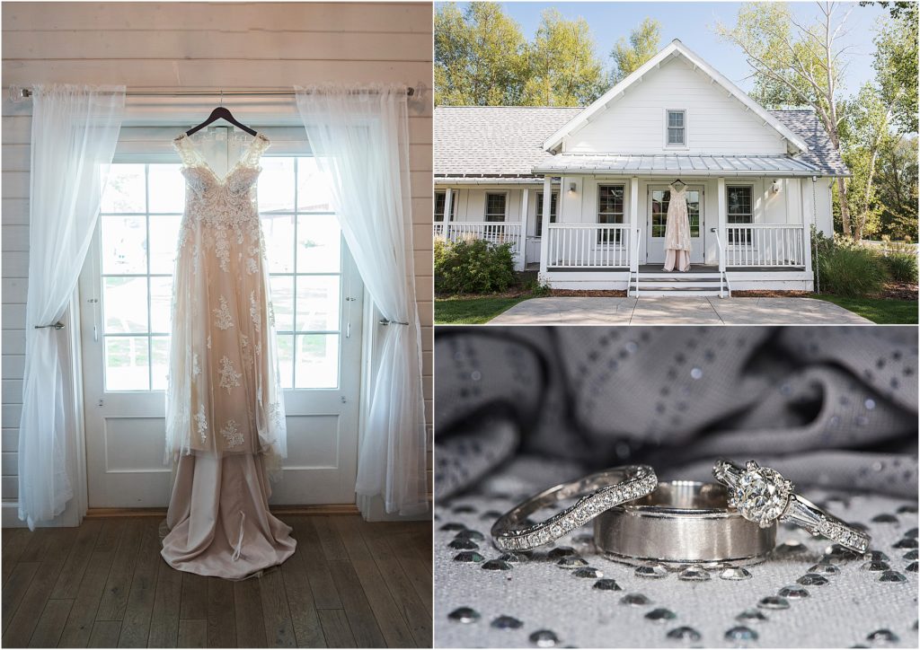 Collage of images that are wedding details, wedding rings, wedding dress, and bridal cottage
