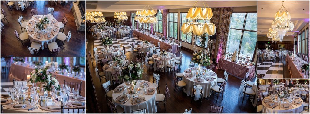 Wedding venue decorated elaborately with rose gold accents