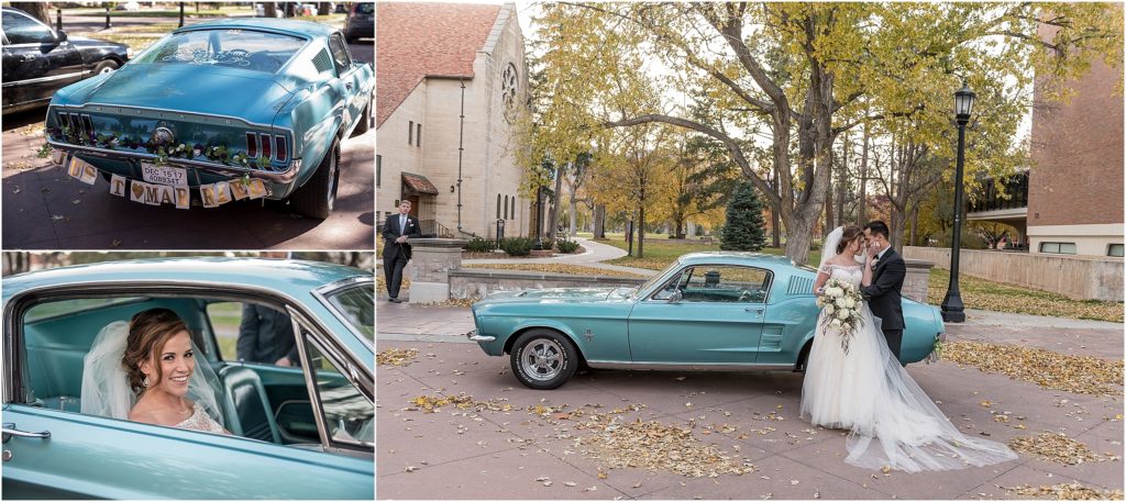 Bride and groom embrace in front of their robin egg blue vintage mustang