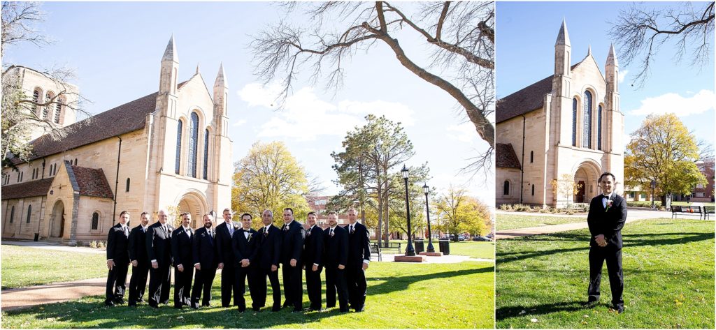 Groom and groomsmen with Shove Chapel in the background