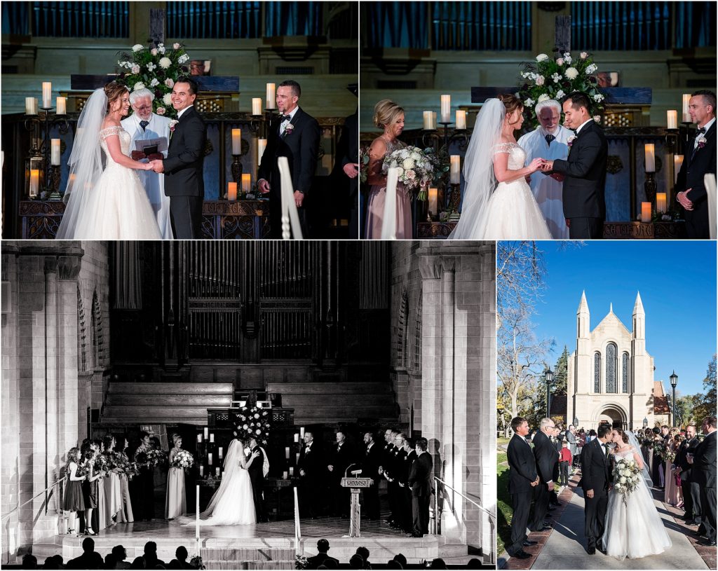 Exchanging rings and the kiss and exit at Shove Chapel in Colorado Springs