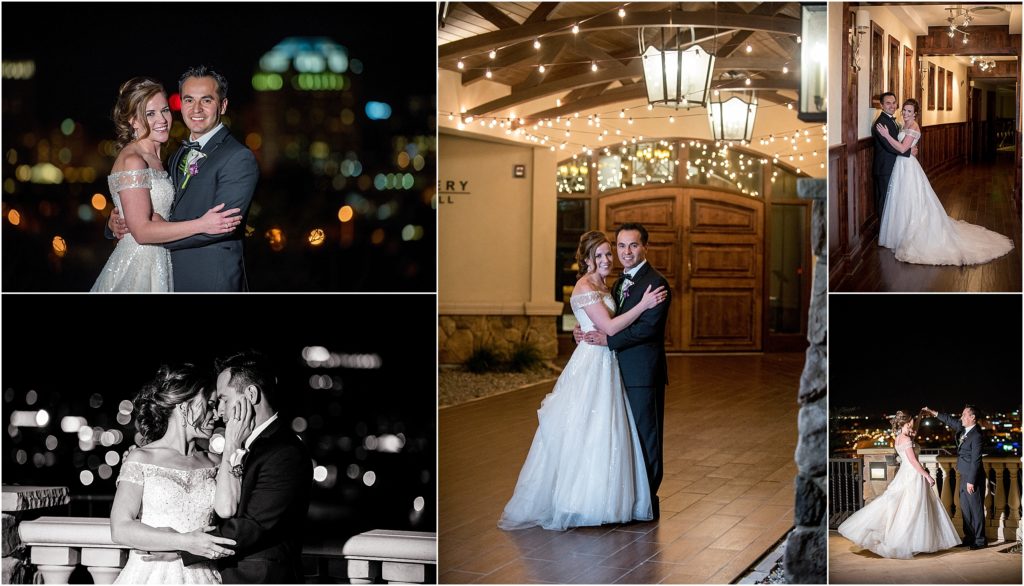 Amazing night portraits of the bride and groom with city lights behind them