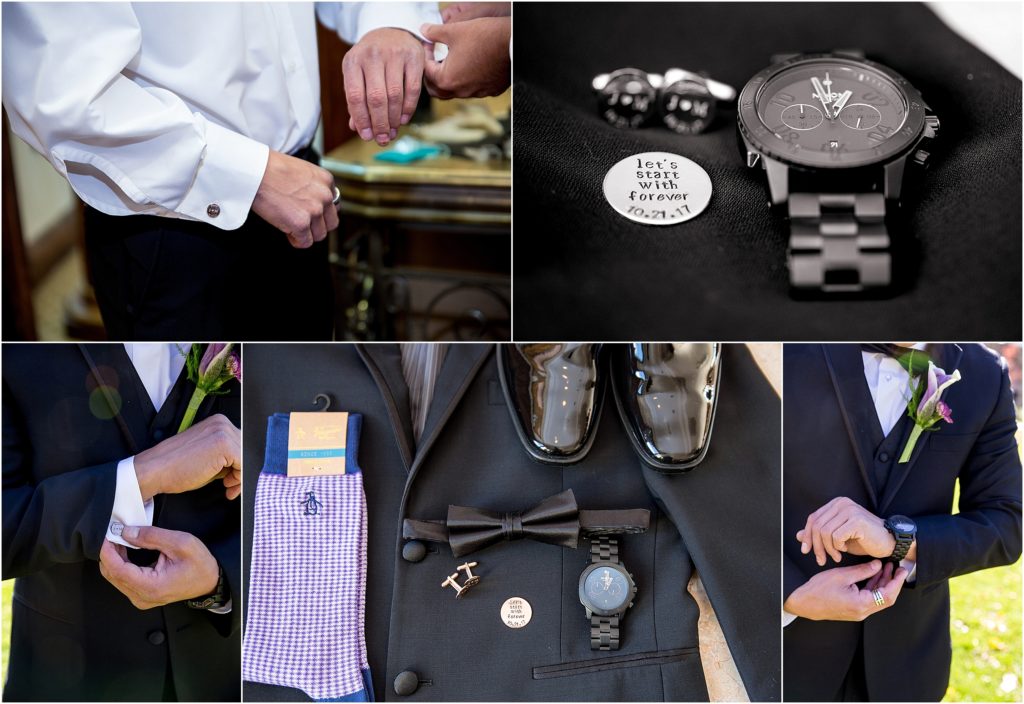 Groom details including rose gold and black, watch, cufflinks, tie, socks