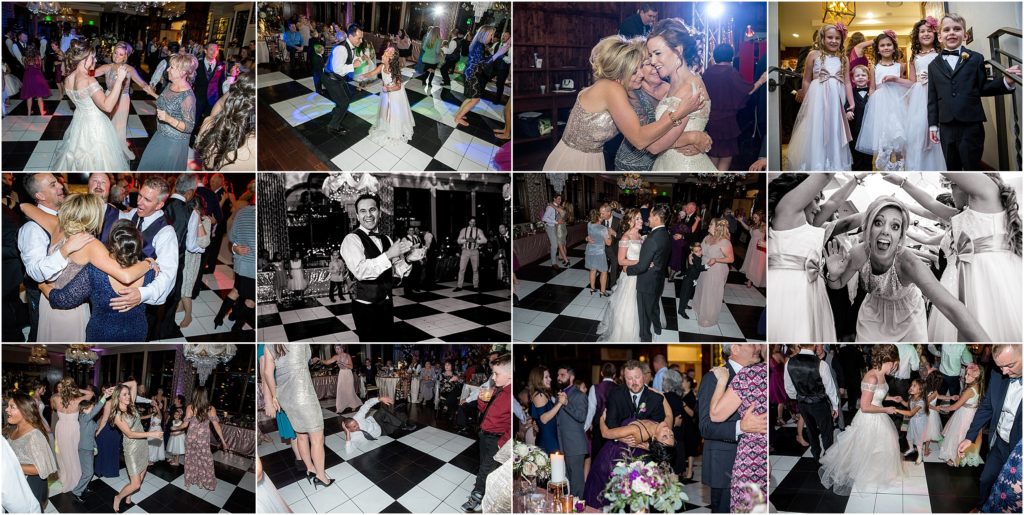 A collage of photos from a wedding reception, lots of smiles and laughs and embraces at the Pinery at the Hill
