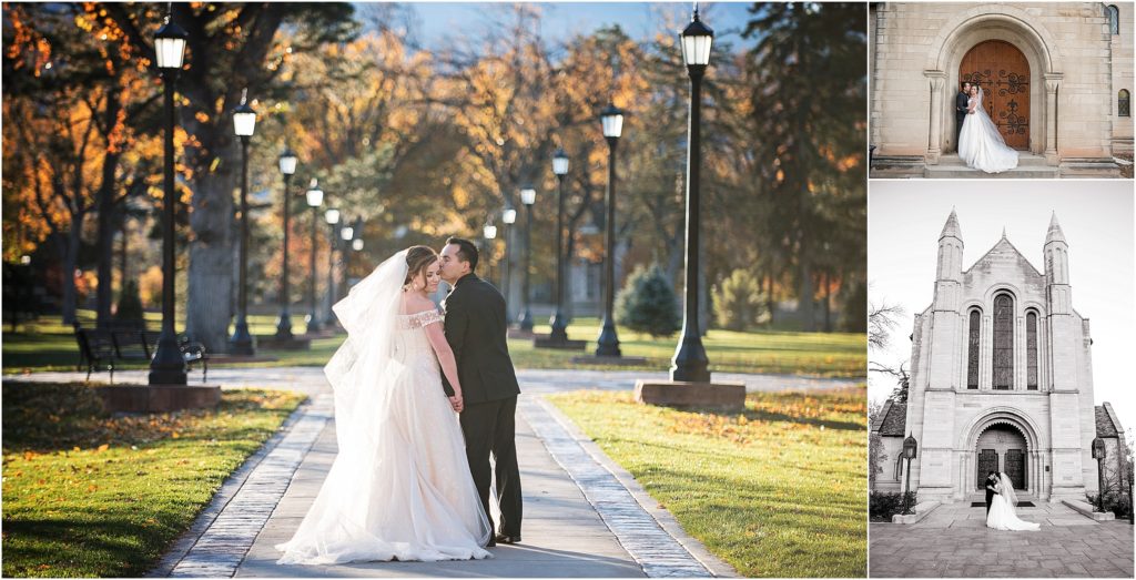 A series of 3 photos of a bride and groom at Shove Chapel, the first is in a manicured lawn with fall colors in the background, the second is in the doorway and third is out front with the chapel behind them