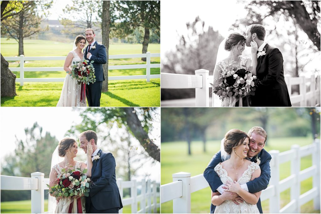 series of images of bride and groom smiling and laughing and embracing
