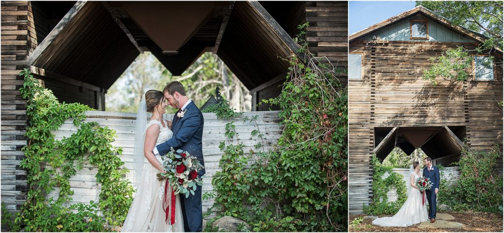 Bride and groom stand looking at each other with foreheads together in first image and looking at each other and smiling in the second image