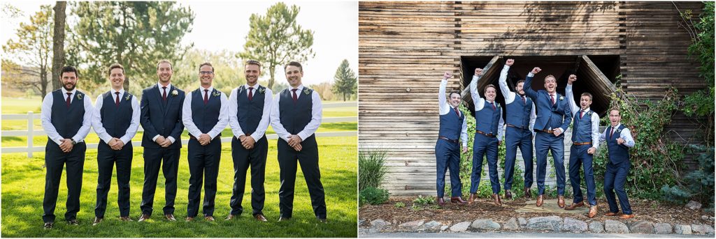 groom and groomsmen standing in the warm summer sun and jumping in front of a barn