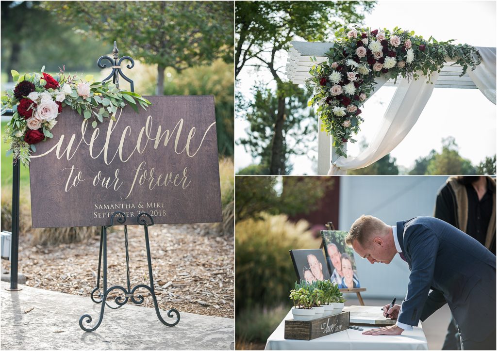 ceremony details including a welcome sign and beautiful florals and guest sign book