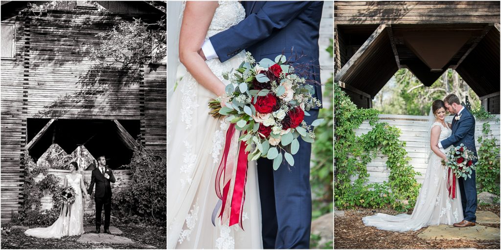 romantic series of images of bride and groom embracing in front of old brown barn with crawling green vines