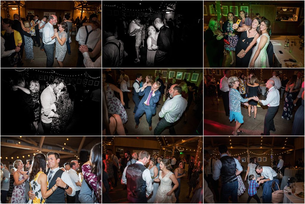 Wedding guest dance and party to music while they celebrate at the Barn at Raccoon Creek
