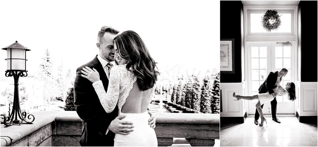 Series of two images, in the first one a man and woman embrace and smile with their eyes closed and heads together, in the second image, the man dips the woman in front of a windowed door