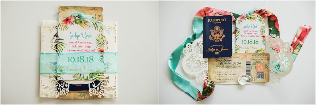 destination wedding invitation styled as a passport and an airline ticket