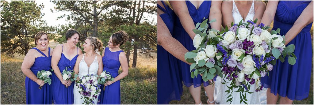 Lori and her bridesmaids laugh and smile as they stand together holding their white and purple bouquets