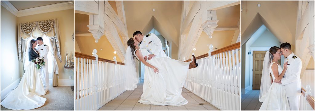Series of 3 photos of bride and groom at flying horse ranch in Larkspur, Colorado, in first image, bride and groom stand in front of a beautifully dressed window in the bridal room, in the second image, groom dips bride on balcony above the grand ballroom, in third image, bride and groom embrace with their foreheads together smiling at each other