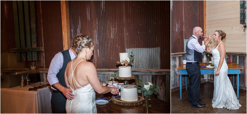 Bride and groom cut their wedding cake and feed each other not making a mess