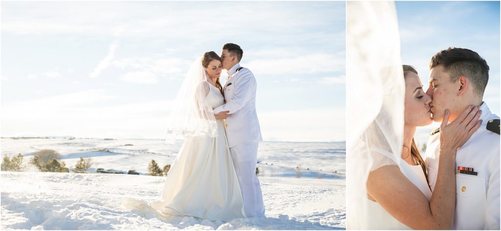Series of 2 photos, in first photo, groom kisses brides temple and her eyes are closed as they stand in deep snow in winter, in second image, bride and groom kiss, bride veil is floating beside her and partially covering her face, she touches grooms neck and cheek tenderly