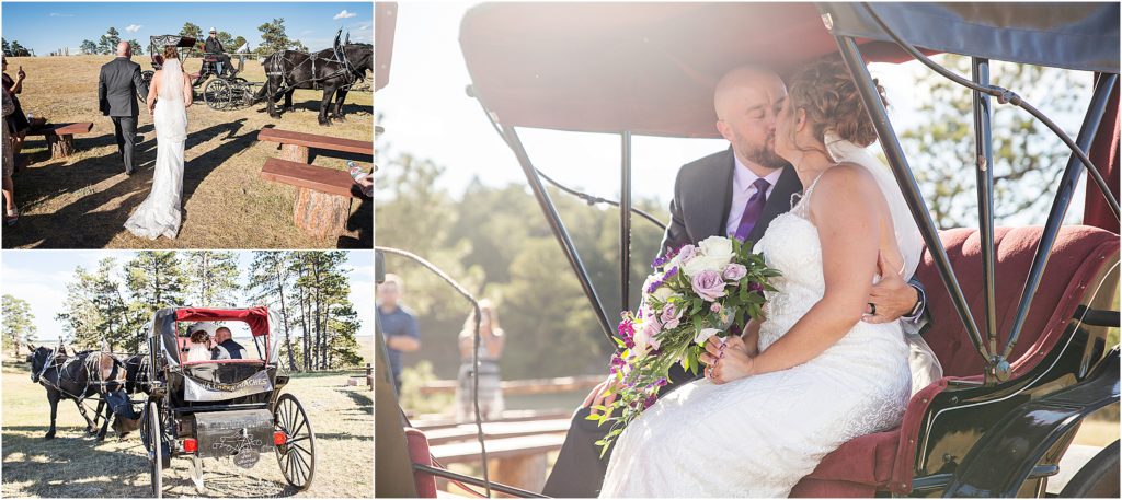 Bride and groom kiss and leave their wedding ceremony in a horse drawn carriage