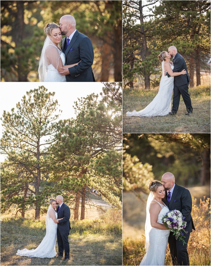 Series of wedding portraits of the bride and groom standing and embracing and kissing